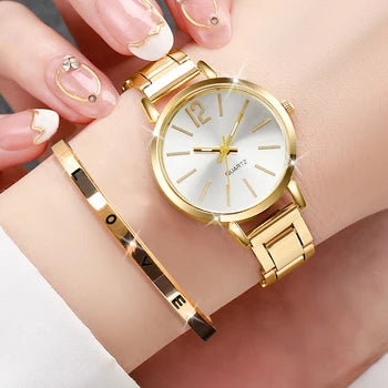 2-Piece Women's Digital Alloy Quartz Watch & Bracelet Set – Simple, Luxury Design